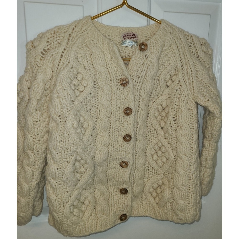 Vtg 70s Italian Cable Knit Chunky Cardigan Kids  3T? Cream Italian‎ 100% Wool